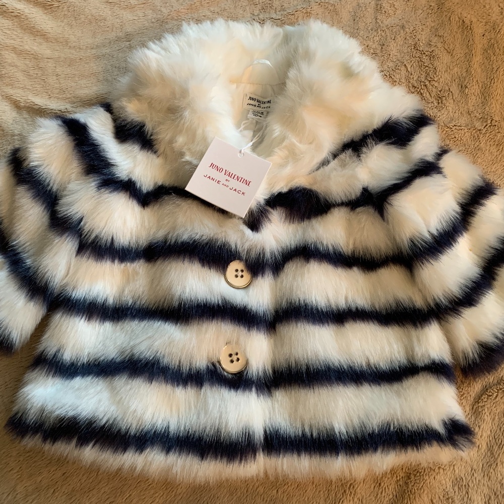 JANIE AND JACK JUNO VALENTINE FAUX FUR JACKET 12 18 MONTHS NEW NAVY WHITE STRIPE